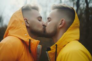 Due giovane uomini la spesa tempo insieme, baciare. lgbt, gay coppia, relazione. diversità, omosessualità. partner con non tradizionale sessuale orientamento. sensuale momento. generativo ai. foto