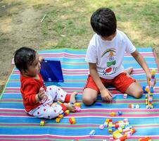 Due contento ragazzi nel società parco, contento asiatico fratelli chi siamo sorridente felicemente insieme. fratelli giocare all'aperto nel estate, migliore gli amici. bambino piccolo bambino ragazzo giocando con il suo contento fratello nel il giardino foto