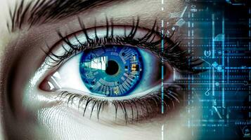 digitale corneale scansione per autorizzazione, creativo dettaglio di il umano occhio, fatto con generativo ai foto