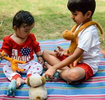 Due contento ragazzi nel società parco, contento asiatico fratelli chi siamo sorridente felicemente insieme. fratelli giocare all'aperto nel estate, migliore gli amici. bambino piccolo bambino ragazzo giocando con il suo contento fratello nel il giardino foto