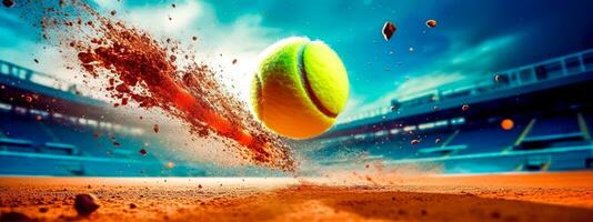 tennis palla colpire argilla tribunali a alto velocità, bandiera fatto con generativo ai foto
