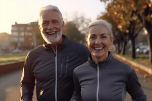 energico in forma grigio capelli pensionato coppia nel abbigliamento sportivo correre nel parco. salutare stile di vita. ai generativo foto