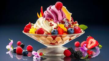 ghiaccio crema tazza con frutta, menta e fiore fatto con generativo ai foto