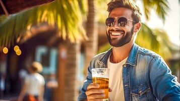 ritratto di sorridente bello contento uomo con un' bicchiere di birra su il spiaggia, fatto con generativo ai foto