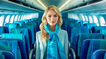 bello giovane hostess su blu tavola il moderno aereo, fatto con generativo ai foto