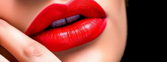 bacio, dettaglio di femmina labbra con rosso rossetto, fatto con generativo ai foto