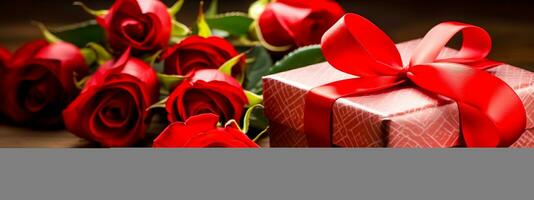 madri giorno, san valentino giorno, compleanno sorprese, un' regalo scatola e un' Borsa di rosso Rose, bandiera fatto con generativo ai foto