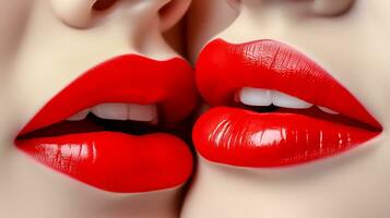 passione donne labbra nel un' bacio, rosso rossetto, femmina affetto fatto con generativo ai foto