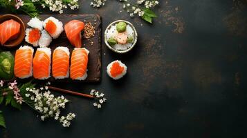 foto di Sushi su un' nero tavolo con copia spazio, generato di ai
