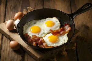 tradizionale inglese prima colazione con fritte uova e Bacon nel getto ferro padella su buio di legno sfondo. superiore Visualizza. ai generato. foto