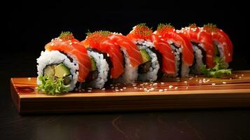salmone Sushi su un' tavolo con un' moderno concetto, generato di ai foto