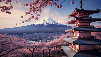 foto di chureito pagoda e montare fuji nel Giappone con ciliegia fiori nel molla, generato di ai