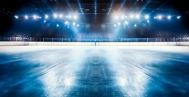 hockey stadio, vuoto gli sport arena con ghiaccio pista di pattinaggio, freddo sfondo con luminosa illuminazione - ai generato Immagine foto