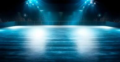 hockey stadio, vuoto gli sport arena con ghiaccio pista di pattinaggio, freddo sfondo con luminosa illuminazione - ai generato Immagine foto