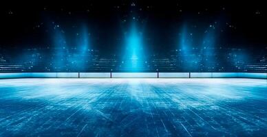 hockey stadio, vuoto gli sport arena con ghiaccio pista di pattinaggio, freddo sfondo con luminosa illuminazione - ai generato Immagine foto