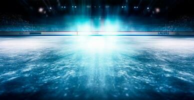 hockey stadio, vuoto gli sport arena con ghiaccio pista di pattinaggio, freddo sfondo con luminosa illuminazione - ai generato Immagine foto