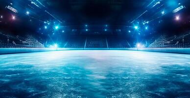 hockey stadio, vuoto gli sport arena con ghiaccio pista di pattinaggio, freddo sfondo con luminosa illuminazione - ai generato Immagine foto