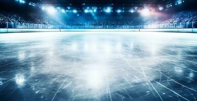 hockey stadio, vuoto gli sport arena con ghiaccio pista di pattinaggio, freddo sfondo con luminosa illuminazione - ai generato Immagine foto