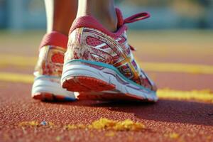 vicino su Visualizza di corridore sport scarpe sprint in esecuzione su traccia. formazione per maratona. generativo ai foto