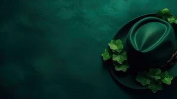 superiore Visualizza di st Patrick bandiera concetto design di verde cappello e verde le foglie su verde pastello sfondo, ai generativo foto