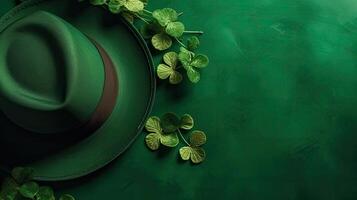 concetto design di verde cappello e verde le foglie su verde pastello sfondo per st di patrizio, ai generativo foto