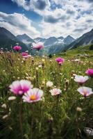 fiori selvatici campo nel il Alpi, creato con generativo ai foto