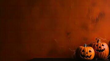 Halloween bandiera sfondo con mazzo di arancia zucche su spaventoso sfondo, ai generativo foto