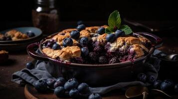 vicino su mirtillo ciabattino con mirtilli frutta su un' di legno tavolo con un' sfocato sfondo, ai generativo foto