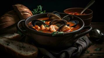 cioppino la minestra con mollusco carne su un' nero piatto e sfocatura sfondo, ai generativo foto