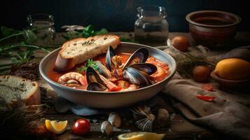 cioppino la minestra con mollusco carne su un' nero piatto e sfocatura sfondo, ai generativo foto