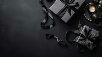 nero Venerdì vendita bandiera con concetto design di regalo scatola e nero nastro su nero sfondo, ai generativo foto