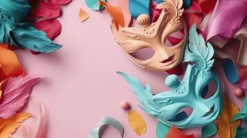 carnevale vendita bandiera superiore Visualizza con carnevale maschere, e carnevale ornamenti su pastello sfondo, ai generativo foto