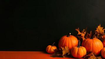 lato Visualizza di Halloween bandiera concetto design di mazzo di arancia zucche su spaventoso sfondo, ai generativo foto