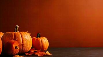 un' mazzo di arancia zucche su spaventoso sfondo per Halloween striscione, ai generativo foto