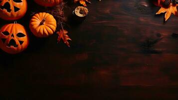 Halloween vendita bandiera sfondo con mazzo di arancia zucche su spaventoso sfondo, ai generativo foto