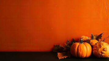 lato Visualizza di Halloween bandiera concetto design di mazzo di arancia zucche su spaventoso sfondo, ai generativo foto