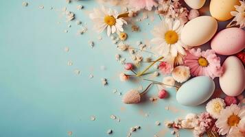 concetto design di colorato uova, fiori, e foglia su pastello sfondo per Pasqua giorno, ai generativo foto