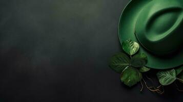 superiore Visualizza di st Patrick bandiera concetto design di verde cappello e verde le foglie su nero pastello sfondo, ai generativo foto