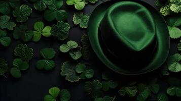 st Patrick bandiera concetto design di verde cappello e verde le foglie su verde pastello sfondo, ai generativo foto