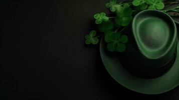 superiore Visualizza di st Patrick bandiera concetto design di verde cappello e verde le foglie su pastello sfondo, ai generativo foto