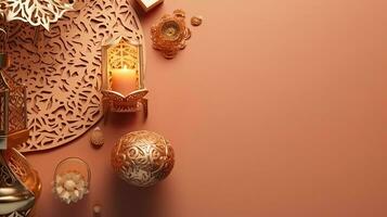 Ramadan bandiera concetto design di Ramadan luci su pastello sfondo, ai generativo foto