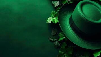 st Patrick bandiera concetto design di verde cappello e verde le foglie su verde pastello sfondo, ai generativo foto