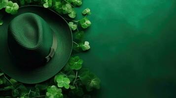 st Patrick con verde cappello e verde le foglie su verde pastello sfondo per bandiera disegno, ai generativo foto