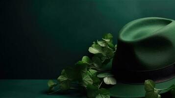 st Patrick con verde cappello e verde le foglie su verde pastello sfondo, ai generativo foto