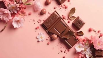 superiore Visualizza di San Valentino giorno bandiera design di un' collezione di cioccolato e rosa fiore spruzzatori, ai generativo foto