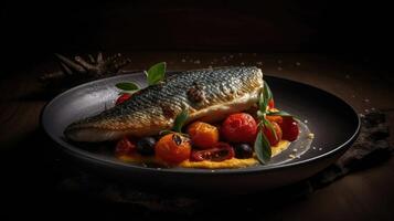 Acqua pazza barramundi foto con sfocatura sfondo completare composizione, ai generativo