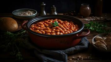 al forno fagioli con completare composizione e Perfetto visualizzazione angoli e sfondo sfocatura, ai generativo foto