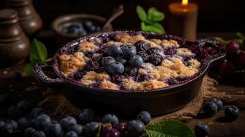 vicino su mirtillo ciabattino con mirtilli frutta su un' di legno tavolo con un' sfocato sfondo, ai generativo foto