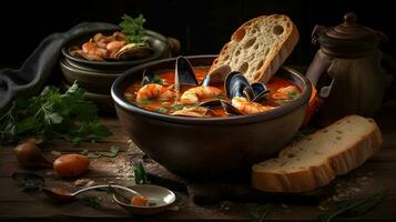 cioppino la minestra con mollusco carne su un' nero piatto e sfocatura sfondo, ai generativo foto