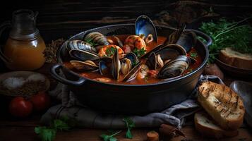 cioppino la minestra con mollusco carne su un' nero piatto e sfocatura sfondo, ai generativo foto